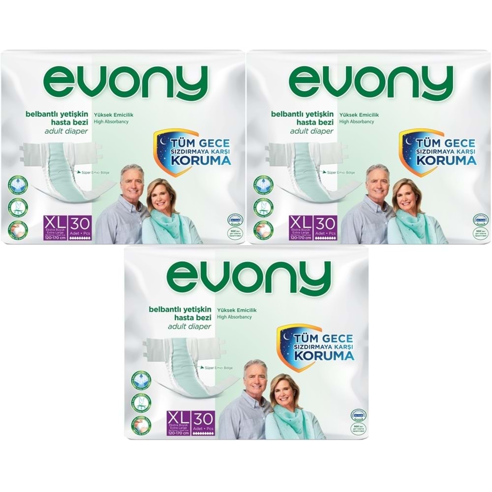 Evony Yetişkin Bezi Bel Bantlı Tekstil Yüzey Ekstra Büyük (XL) 90 Adet (3PK*30)