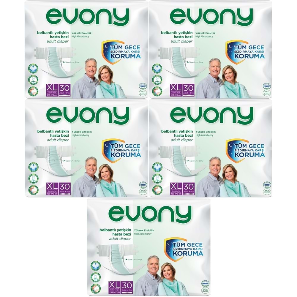 Evony Yetişkin Bezi Bel Bantlı Tekstil Yüzey Ekstra Büyük (XL) 150 Adet (5PK*30)