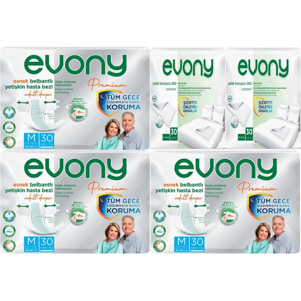 Evony Premium Yetişkin Bezi Bel Bantlı Tekstil Yüzey Orta 90 Adet+ Yatak Koruyucu Örtü 60 Adet
