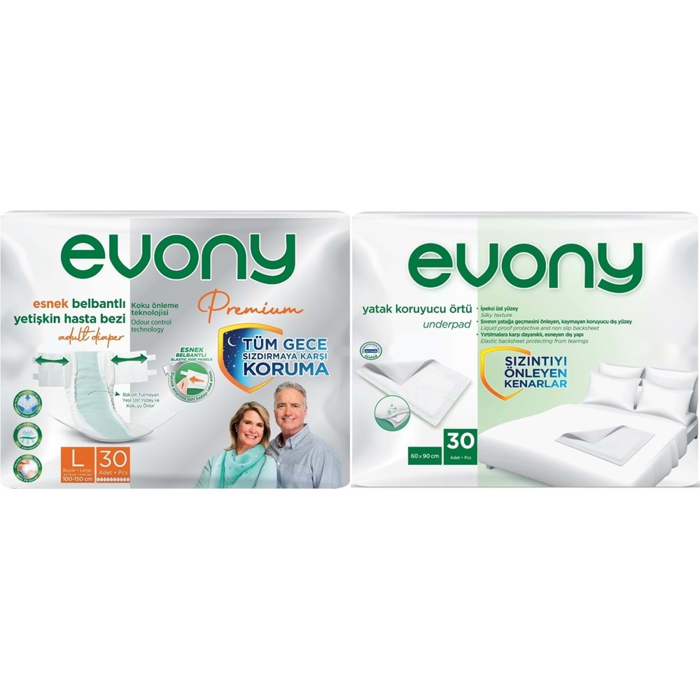 Evony Premium Yetişkin Bezi Bel Bantlı Tekstil Yüzey Büyük 30 Adet+Yatak Koruyucu Örtü 30 Adet