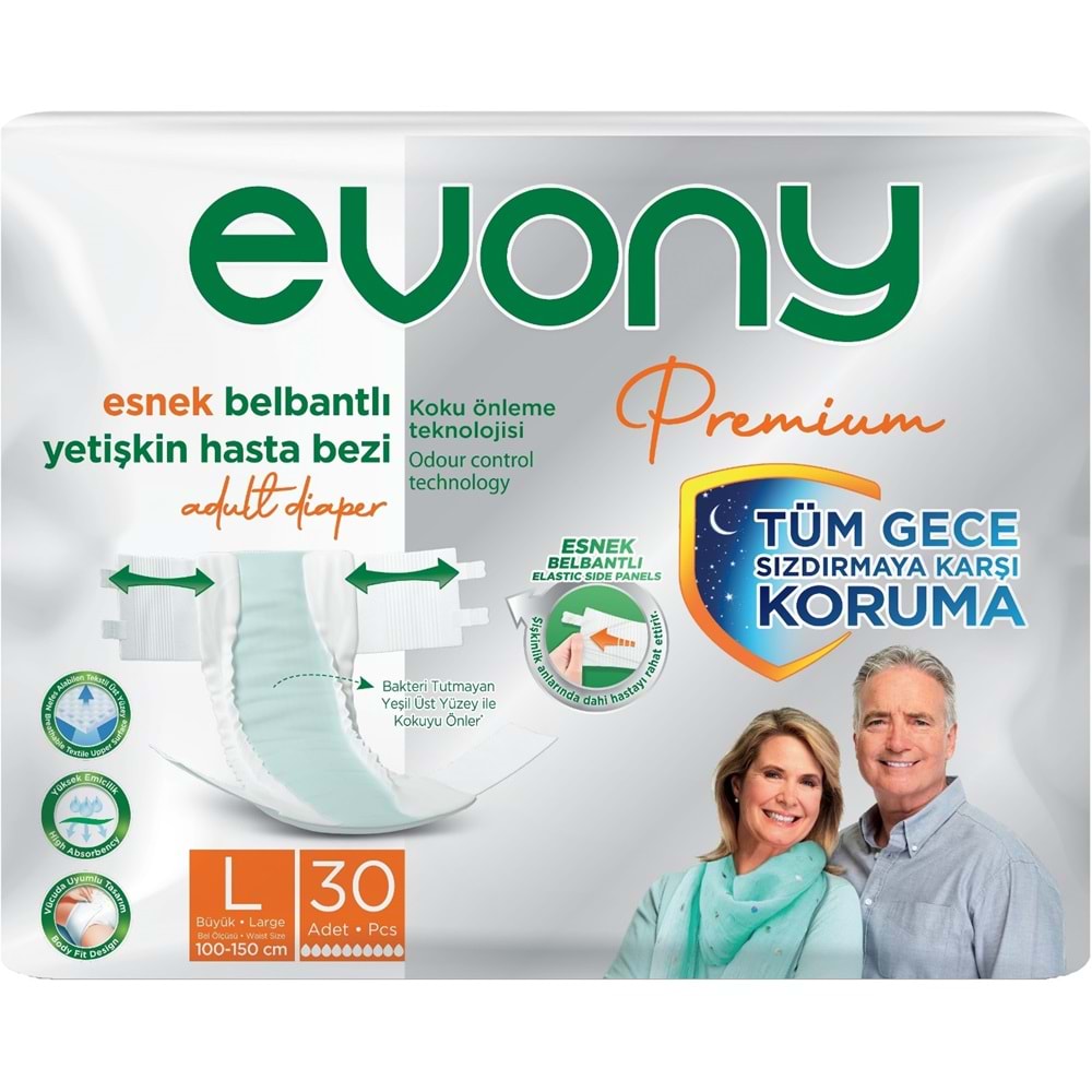 Evony Premium Yetişkin Bezi Bel Bantlı Tekstil Yüzey Büyük 60 Adet+Yatak Koruyucu Örtü 30 Adet