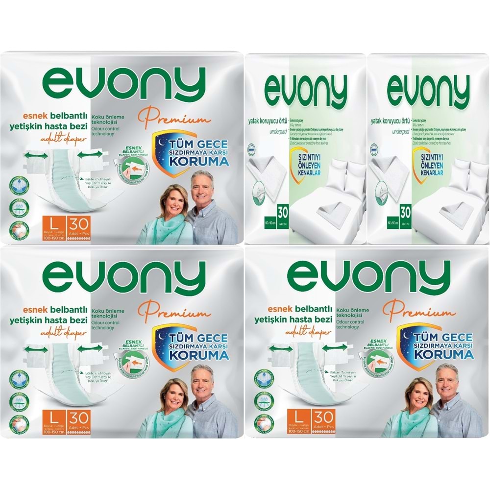 Evony Premium Yetişkin Bezi Bel Bantlı Tekstil Yüzey Büyük 90 Adet+Yatak Koruyucu Örtü 60 Adet
