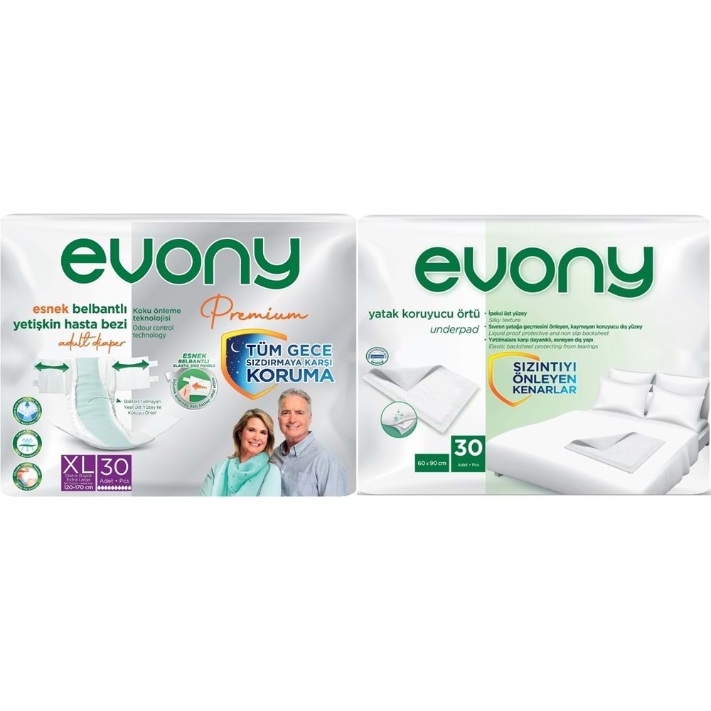 Evony Premium Yetişkin Bezi Bel Bantlı Tekstil Yüzey XL 30 Adet + Yatak Koruyucu Örtü 30 Adet