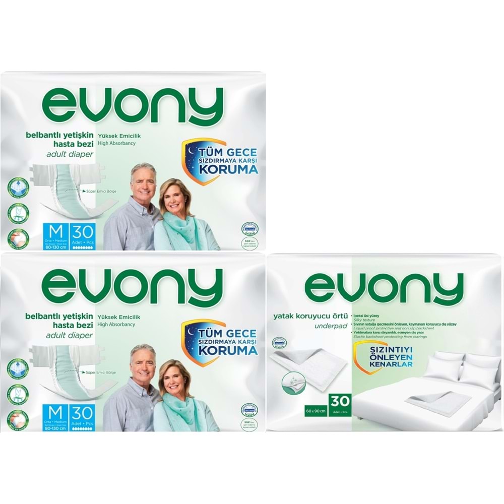 Evony Yetişkin Bezi Bel Bantlı Tekstil Yüzey Orta 60 Adet + Yatak Koruyucu Örtü 30 Adet