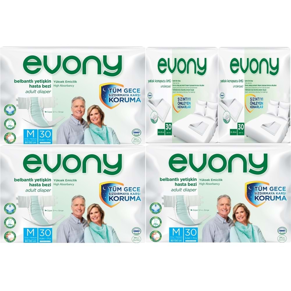 Evony Yetişkin Bezi Bel Bantlı Tekstil Yüzey Orta 90 Adet + Yatak Koruyucu Örtü 60 Adet