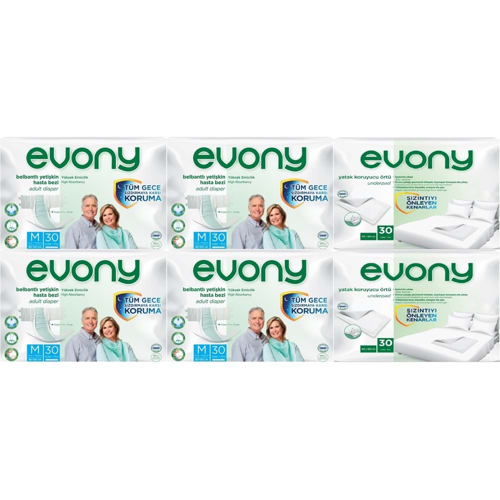 Evony Yetişkin Bezi Bel Bantlı Tekstil Yüzey Orta 120 Adet + Yatak Koruyucu Örtü 60 Adet