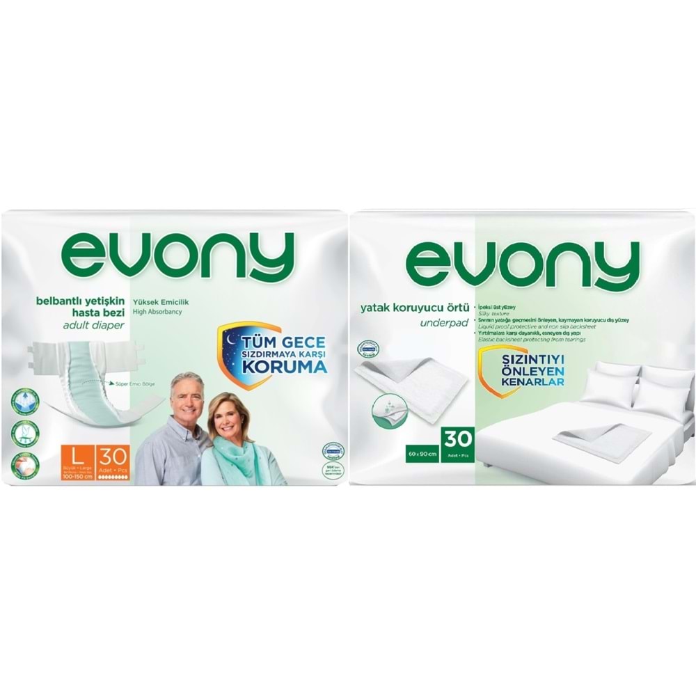 Evony Yetişkin Bezi Bel Bantlı Tekstil Yüzey L-Büyük 30 Adet + Yatak Koruyucu Örtü 30 Adet