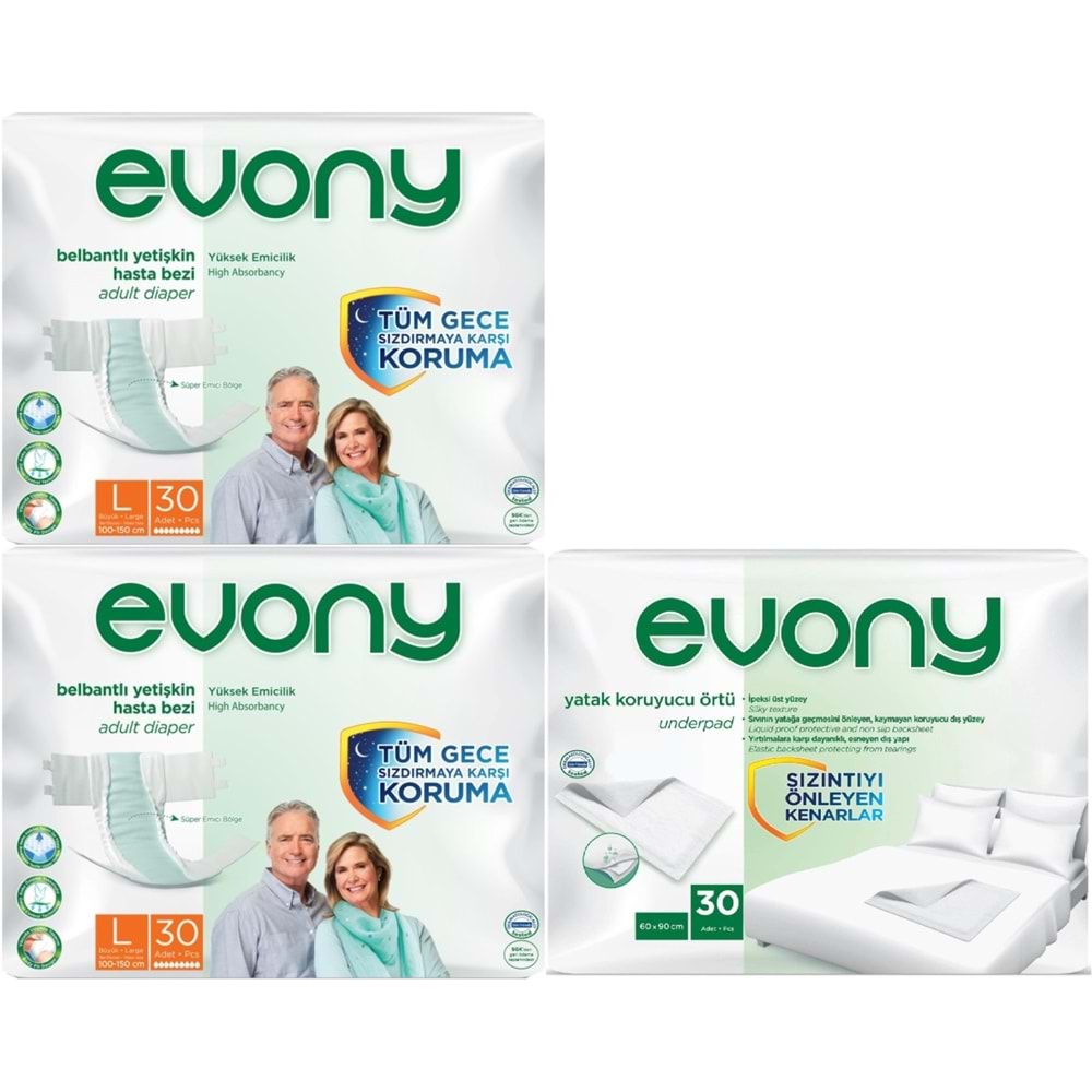 Evony Yetişkin Bezi Bel Bantlı Tekstil Yüzey L-Büyük 60 Adet + Yatak Koruyucu Örtü 30 Adet