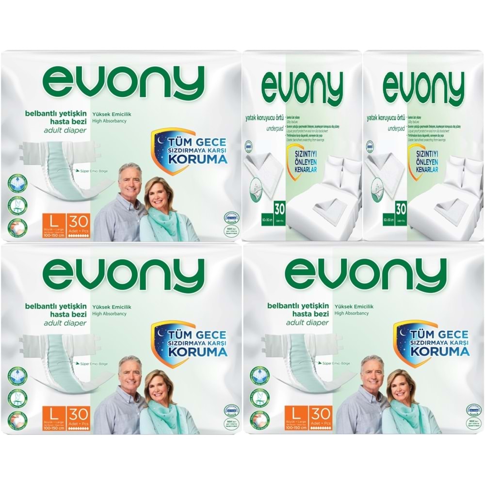Evony Yetişkin Bezi Bel Bantlı Tekstil Yüzey L-Büyük 90 Adet + Yatak Koruyucu Örtü 60 Adet