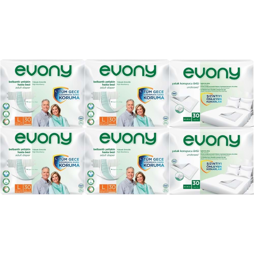 Evony Yetişkin Bezi Bel Bantlı Tekstil Yüzey L-Büyük 120 Adet + Yatak Koruyucu Örtü 60 Adet