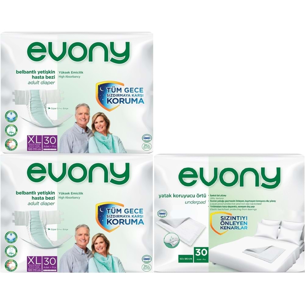 Evony Yetişkin Bezi Bel Bantlı Tekstil Yüzey Ekstra Büyük 60 Adet+ Yatak Koruyucu Örtü 30 Adet