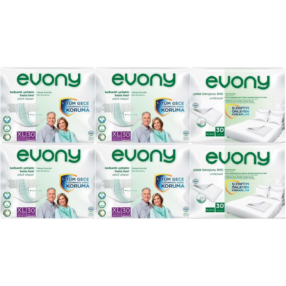 Evony Yetişkin Bezi Bel Bantlı Tekstil Yüzey Ekstra Büyük 120 Adet+Yatak Koruyucu Örtü 60 Adet