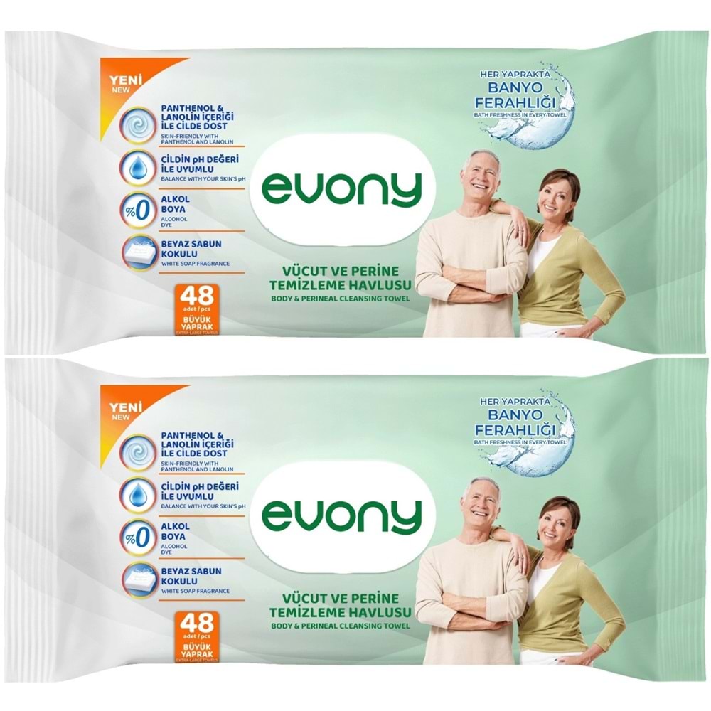 Evony Yetişkin Vücut Perine Temizleme Islak Mendil Havlu 48 Yaprak XL Banyo Ferahlığı (2 Li Set)