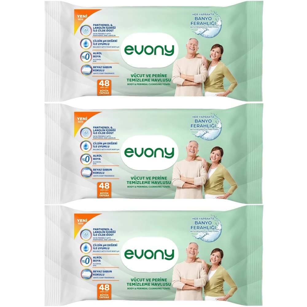 Evony Yetişkin Vücut Perine Temizleme Islak Mendil Havlu 48 Yaprak XL Banyo Ferahlığı (3 Lü Set)