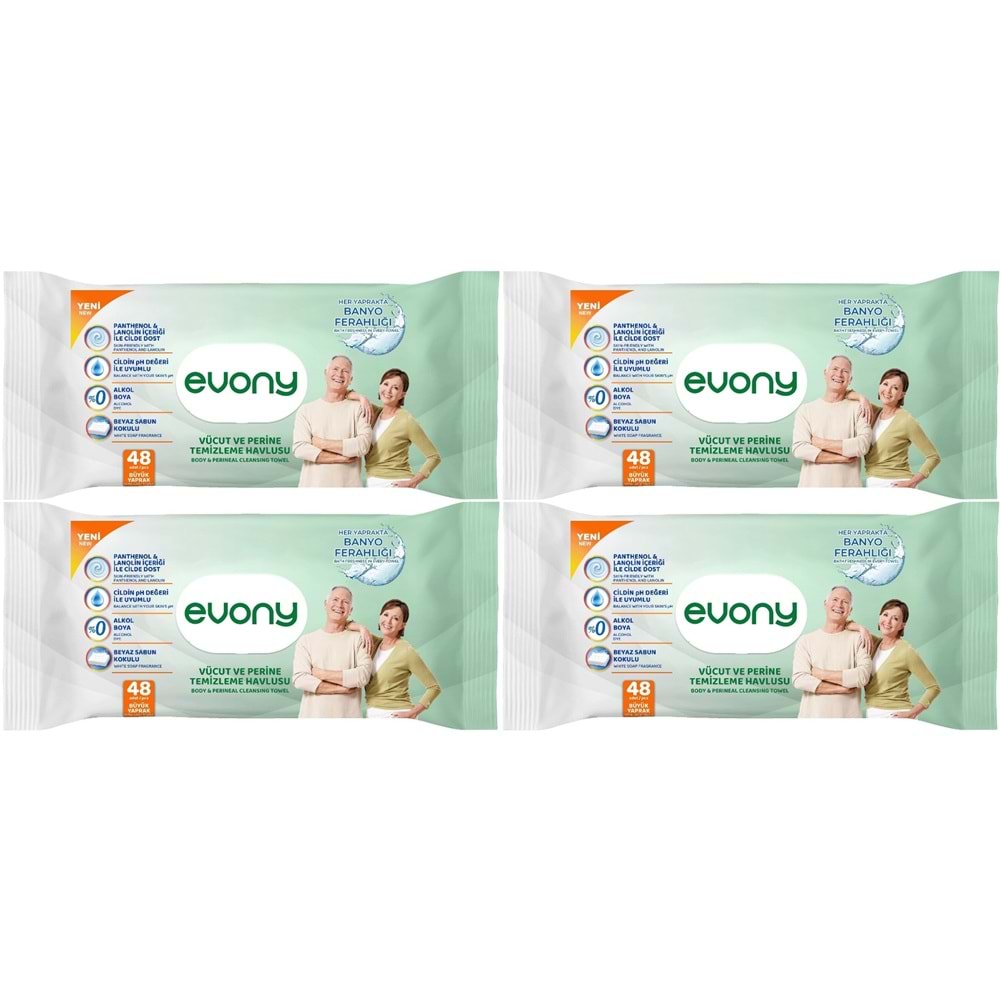 Evony Yetişkin Vücut Perine Temizleme Islak Mendil Havlu 48 Yaprak XL Banyo Ferahlığı (4 Lü Set)