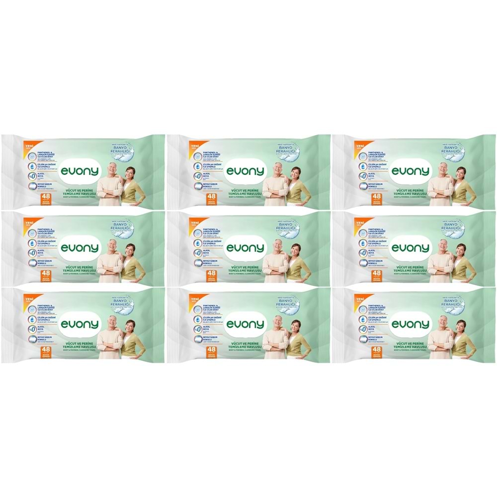 Evony Yetişkin Vücut Perine Temizleme Islak Mendil Havlu 48 Yaprak XL Banyo Ferahlığı (9 Lu Set)