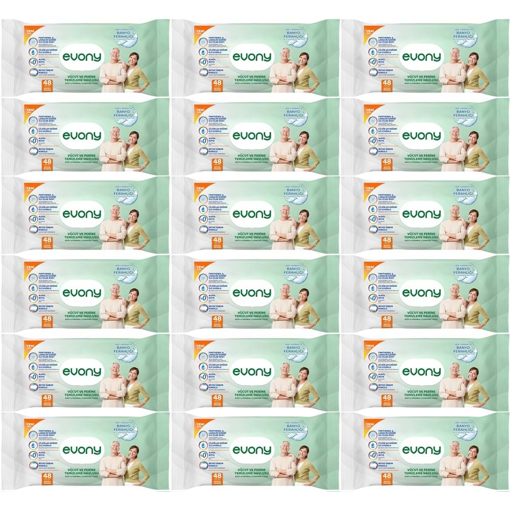 Evony Yetişkin Vücut Perine Temizleme Islak Mendil Havlu 48 Yaprak XL Banyo Ferahlığı (18 Li Set)