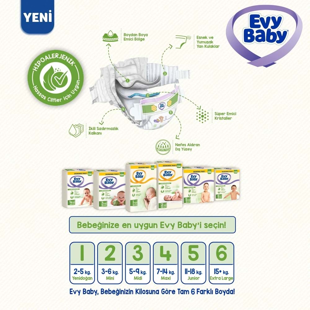 Evy Baby Bebek Bezi 2 Beden 3-6 KG Mini 304 Adet Ekstra Ekonomik Pk