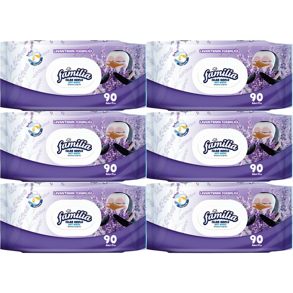 Familia Islak Havlu Mendil Lavantanın Ferahlığı 90 Yaprak Plastik Kapaklı 6 Lı Set 540 Yaprak