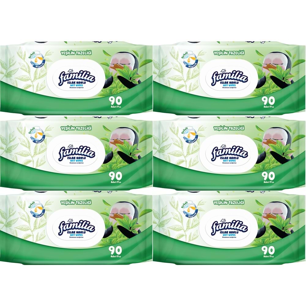 Familia Islak Havlu Mendil Yeşilin Tazeliği 90 Yaprak Plastik Kapaklı 6 Lı Set 540 Yaprak