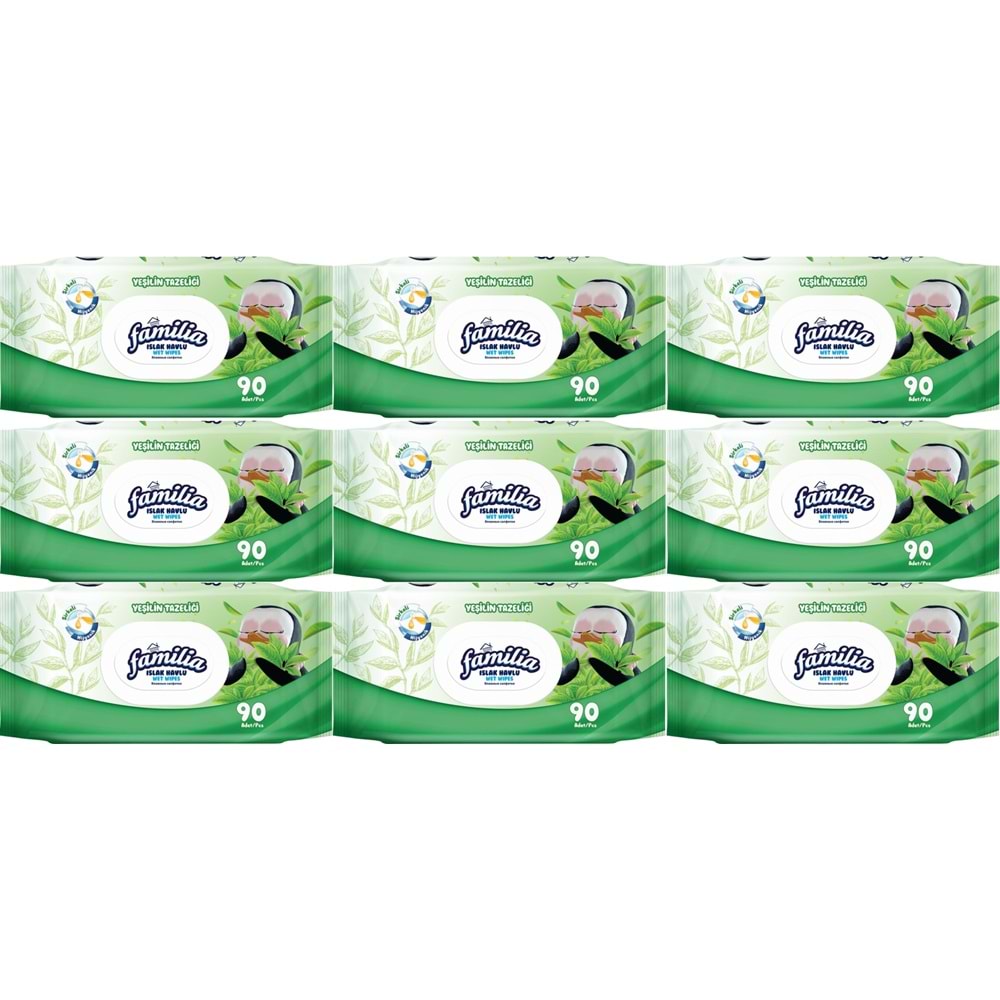 Familia Islak Havlu Mendil Yeşilin Tazeliği 90 Yaprak Plastik Kapaklı 9 Lu Set 810 Yaprak
