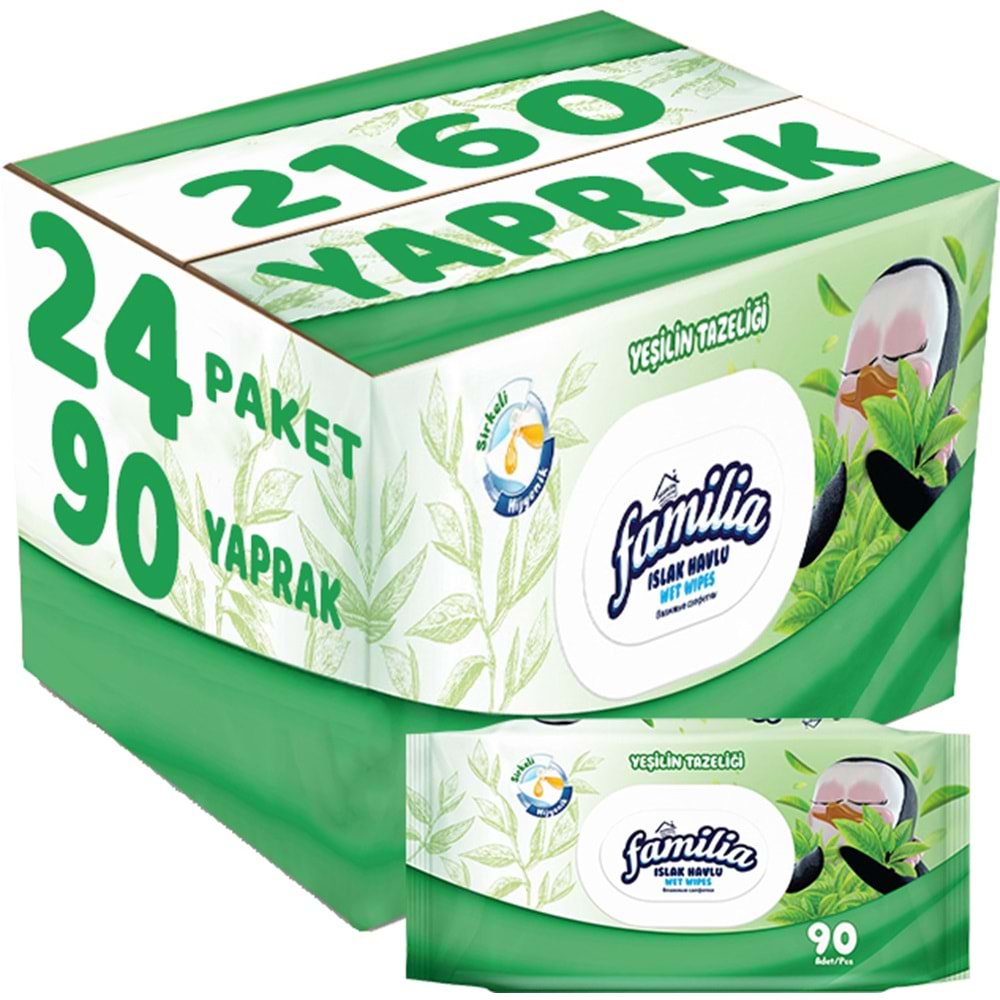 Familia Islak Havlu Mendil Yeşilin Tazeliği 90 Yaprak Plastik Kapaklı 24 Lü Set 2160 Yaprak
