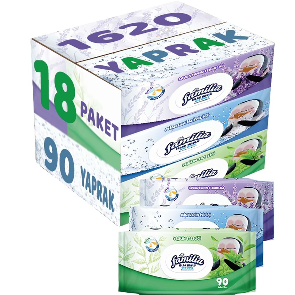 Familia Islak Havlu Mendil 90 Yaprak Karma 18 Li Set (Lavanta-Mineral-Yeşilin Tazeliği) 1620 Yaprak