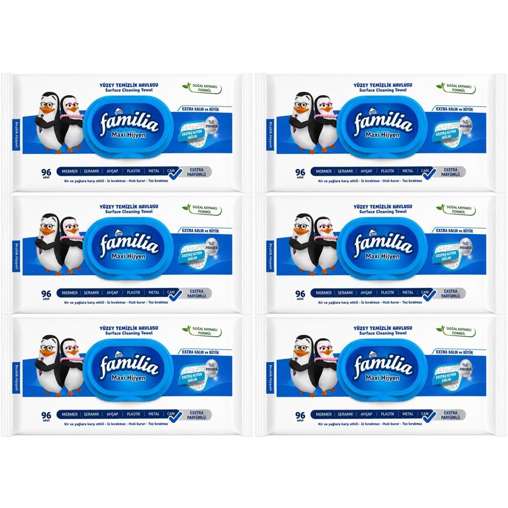Familia Yüzey Temizlik Havlusu 96 Yaprak Maxi Hijyen Kabartma Doku Plastik Kapaklı 6 Lı Set 576 Yprk