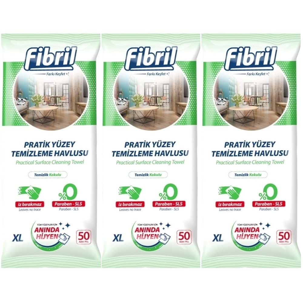 Fibril Yüzey Temizlik Havlusu 50 Yaprak XL Temizlik Kokulu 3 Lü Set 150 Yaprak Plastik Kapaklı