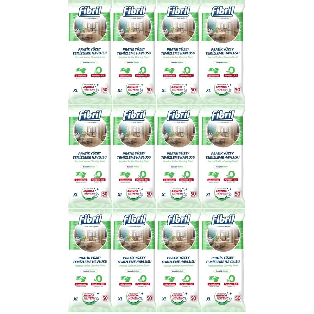Fibril Yüzey Temizlik Havlusu 50 Yaprak XL Temizlik Kokulu 12 Li Set 600 Yaprak Plastik Kapaklı