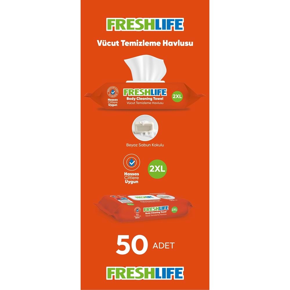 Freshlife Yetişkin Vücut Temizleme Islak Mendil Havlu 50 Yaprak XL (36 Lı Set)