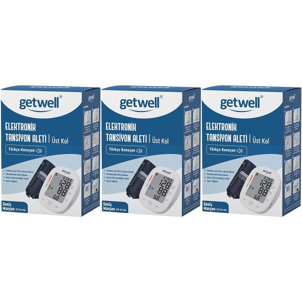 Getwell Konuşan Üst Koldan Tansiyon Aleti - Ölçme Cihazı (Geniş Manşon) (3 Lü Set)