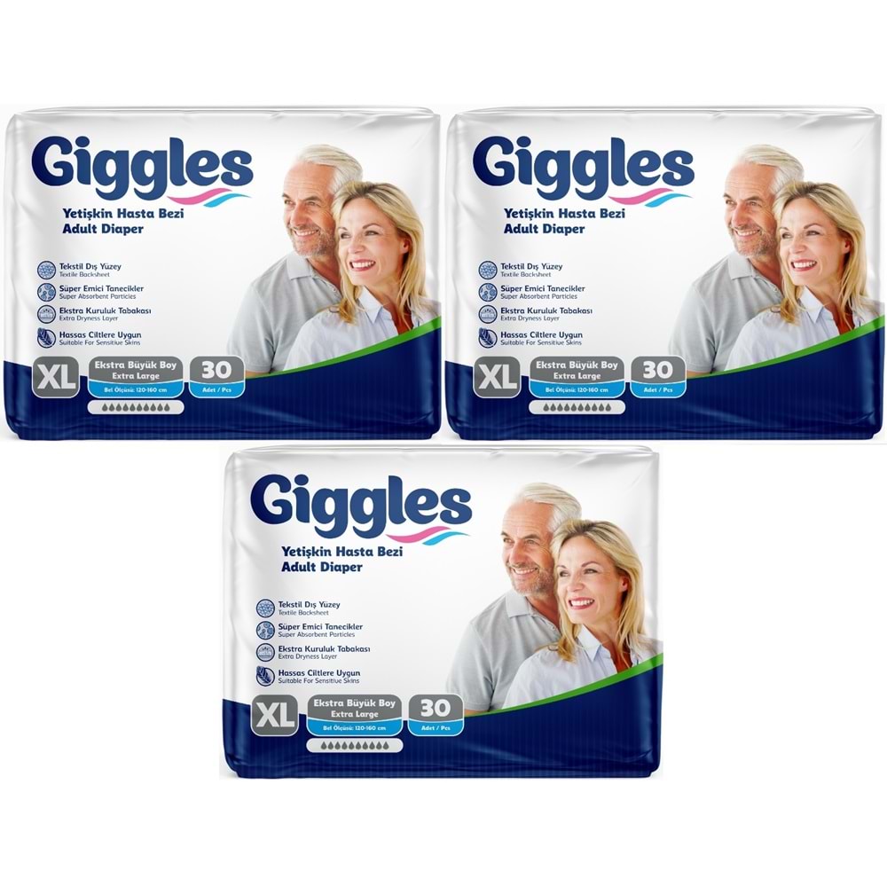 Giggles Yetişkin Bezi Bel Bantlı Tekstil Yüzey Ekstra Büyük (XL) 90 Adet (3PK*30)