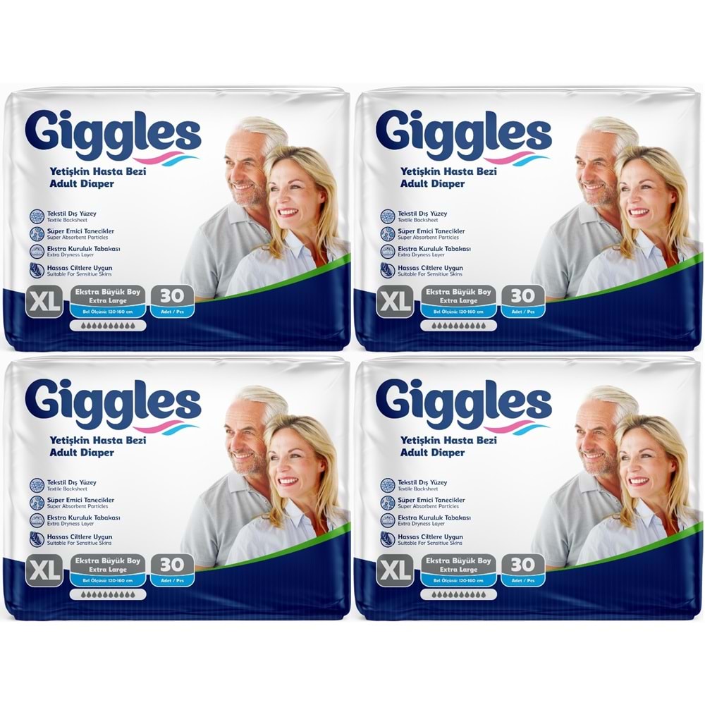 Giggles Yetişkin Bezi Bel Bantlı Tekstil Yüzey Ekstra Büyük (XL) 120 Adet (4PK*30)