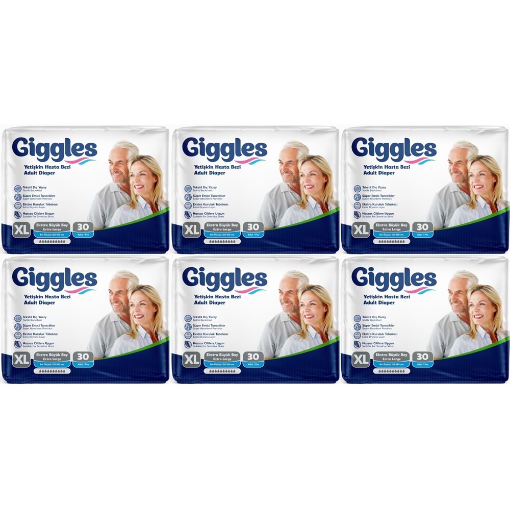 Giggles Yetişkin Bezi Bel Bantlı Tekstil Yüzey Ekstra Büyük (XL) 180 Adet (6PK*30)