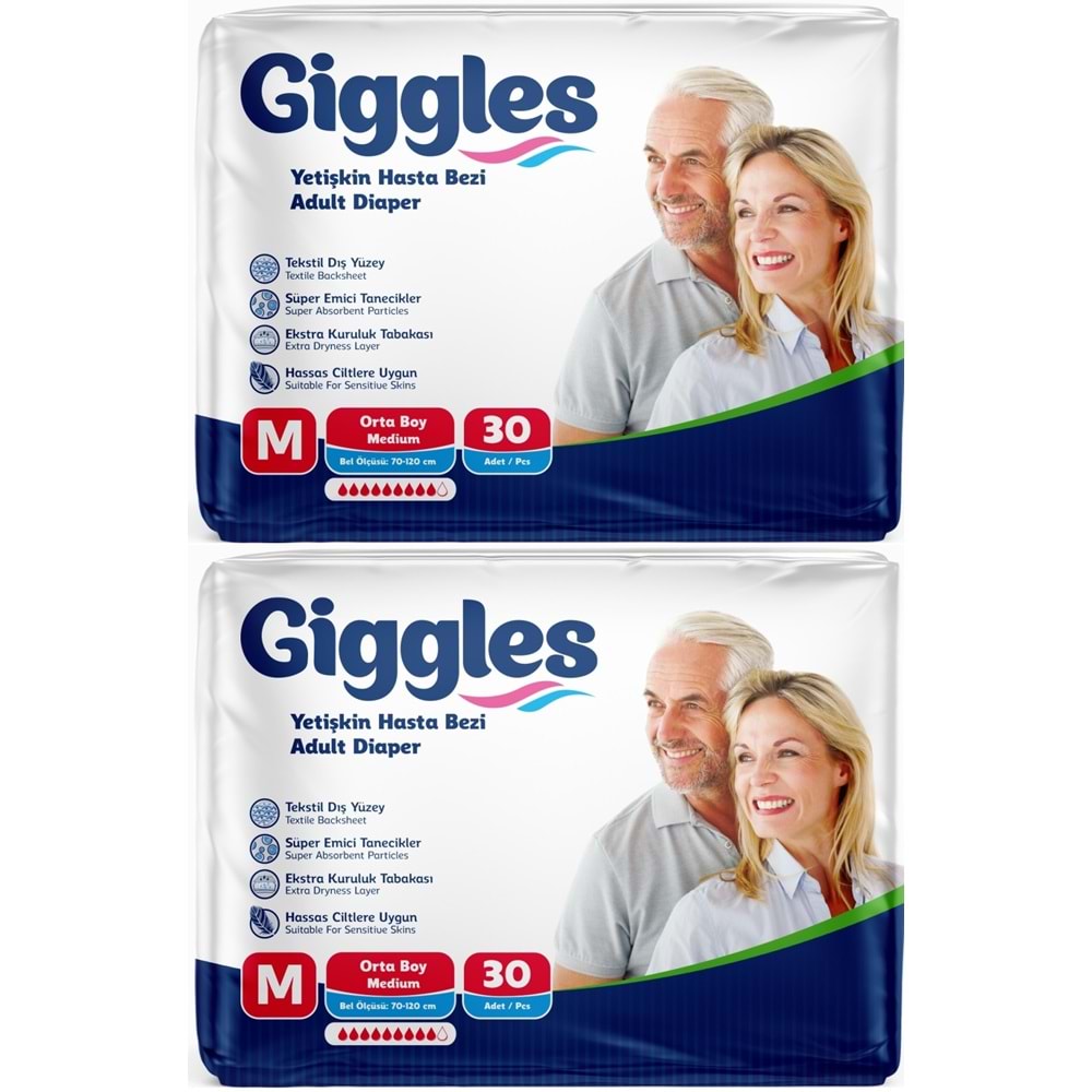 Giggles Yetişkin Bezi Bel Bantlı Tekstil Yüzey Orta - Medium (M) 60 Adet (2PK*30)