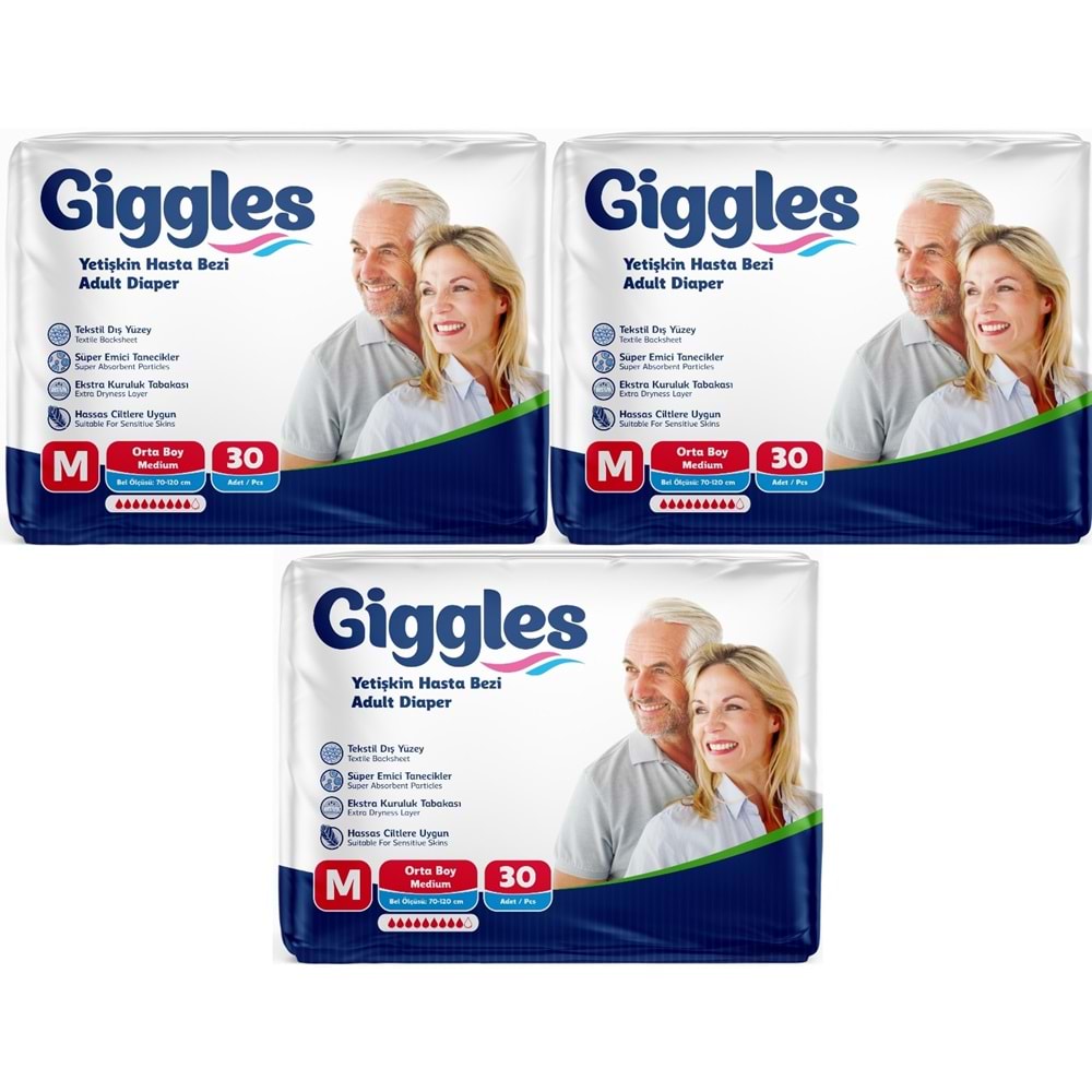 Giggles Yetişkin Bezi Bel Bantlı Tekstil Yüzey Orta - Medium (M) 90 Adet (3PK*30)