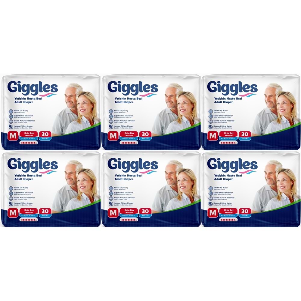 Giggles Yetişkin Bezi Bel Bantlı Tekstil Yüzey Orta - Medium (M) 180 Adet (6PK*30)