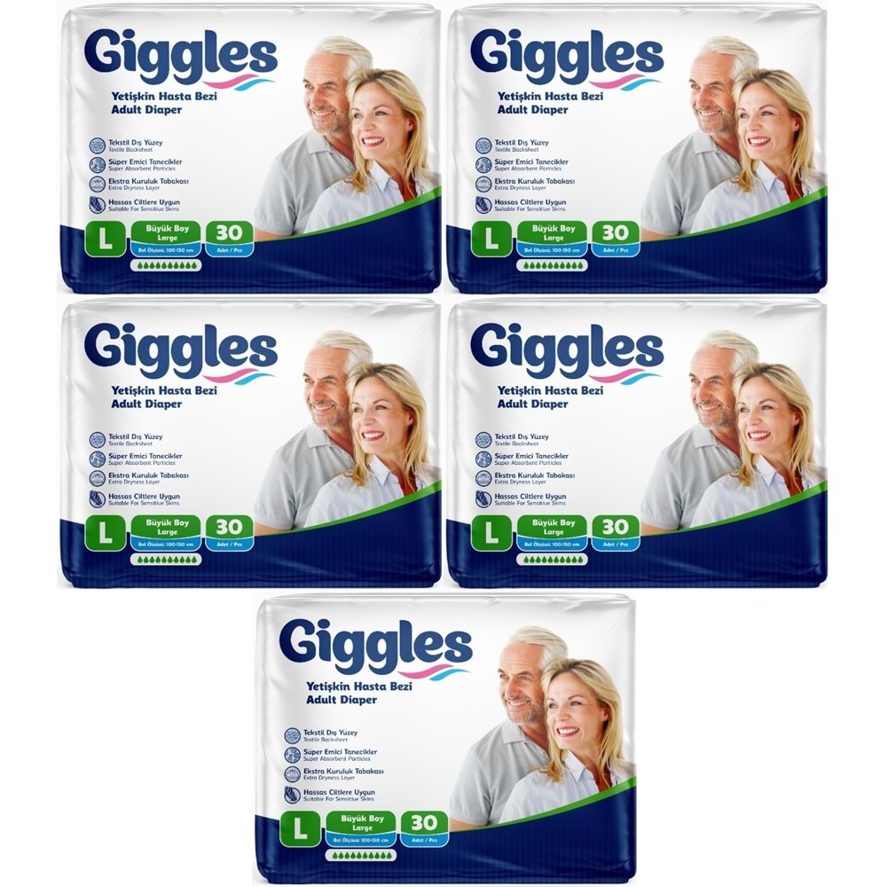 Giggles Yetişkin Bezi Bel Bantlı Tekstil Yüzey Büyük - Large (L) 150 Adet (5PK*30)