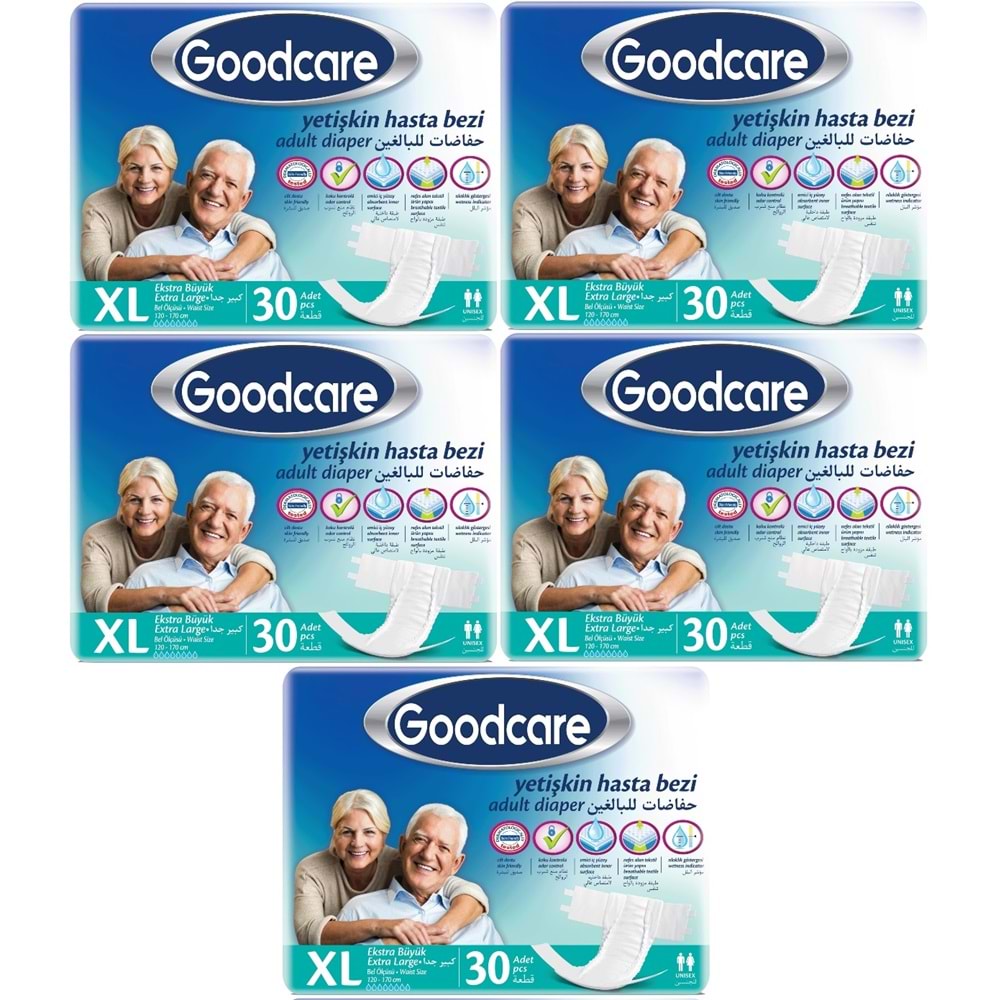 Goodcare Yetişkin Bezi Bel Bantlı Tekstil Yüzey XL Extra Large- Ekstra Büyük 150 Adet (5PK*30)
