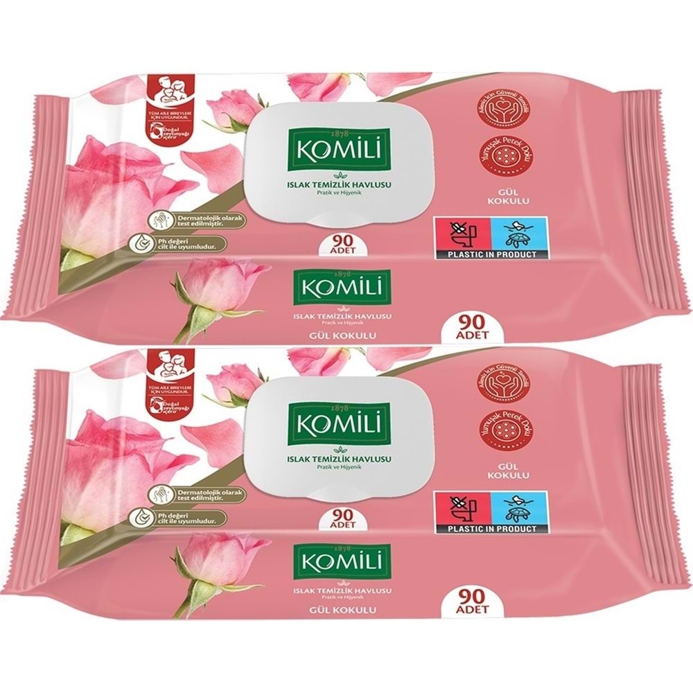 Komili Islak Havlu Mendil 90 Yaprak Gül Kokulu (2 Li Set) Pratik Kapaklı (180 Yaprak)