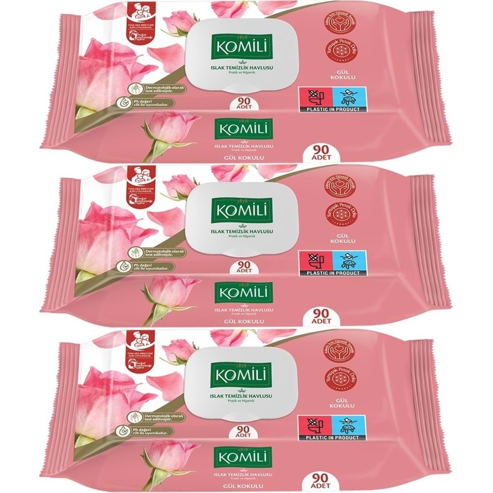 Komili Islak Havlu Mendil 90 Yaprak Gül Kokulu (3 Lü Set) Pratik Kapaklı (270 Yaprak)