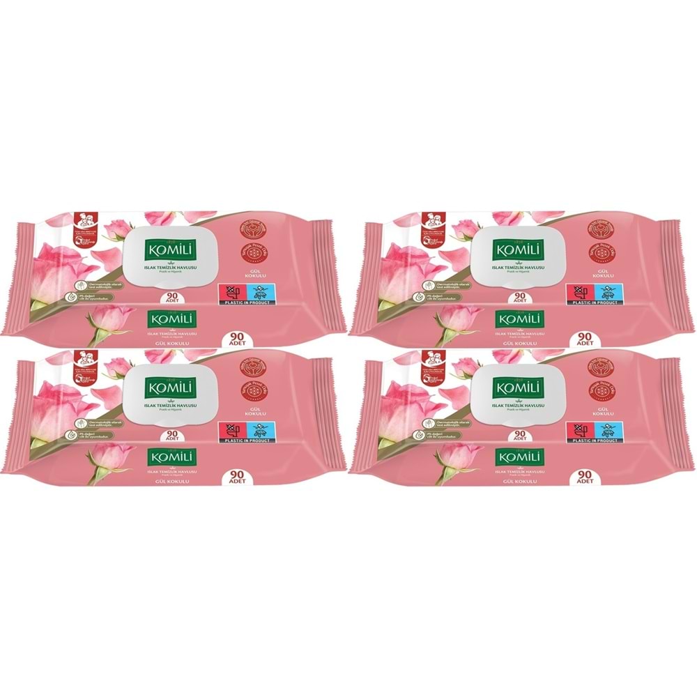 Komili Islak Havlu Mendil 90 Yaprak Gül Kokulu (4 Lü Set) Pratik Kapaklı (360 Yaprak)