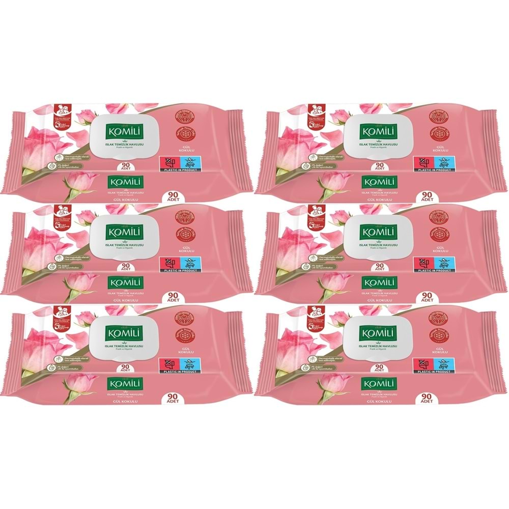 Komili Islak Havlu Mendil 90 Yaprak Gül Kokulu (6 Lı Set) Pratik Kapaklı (540 Yaprak)