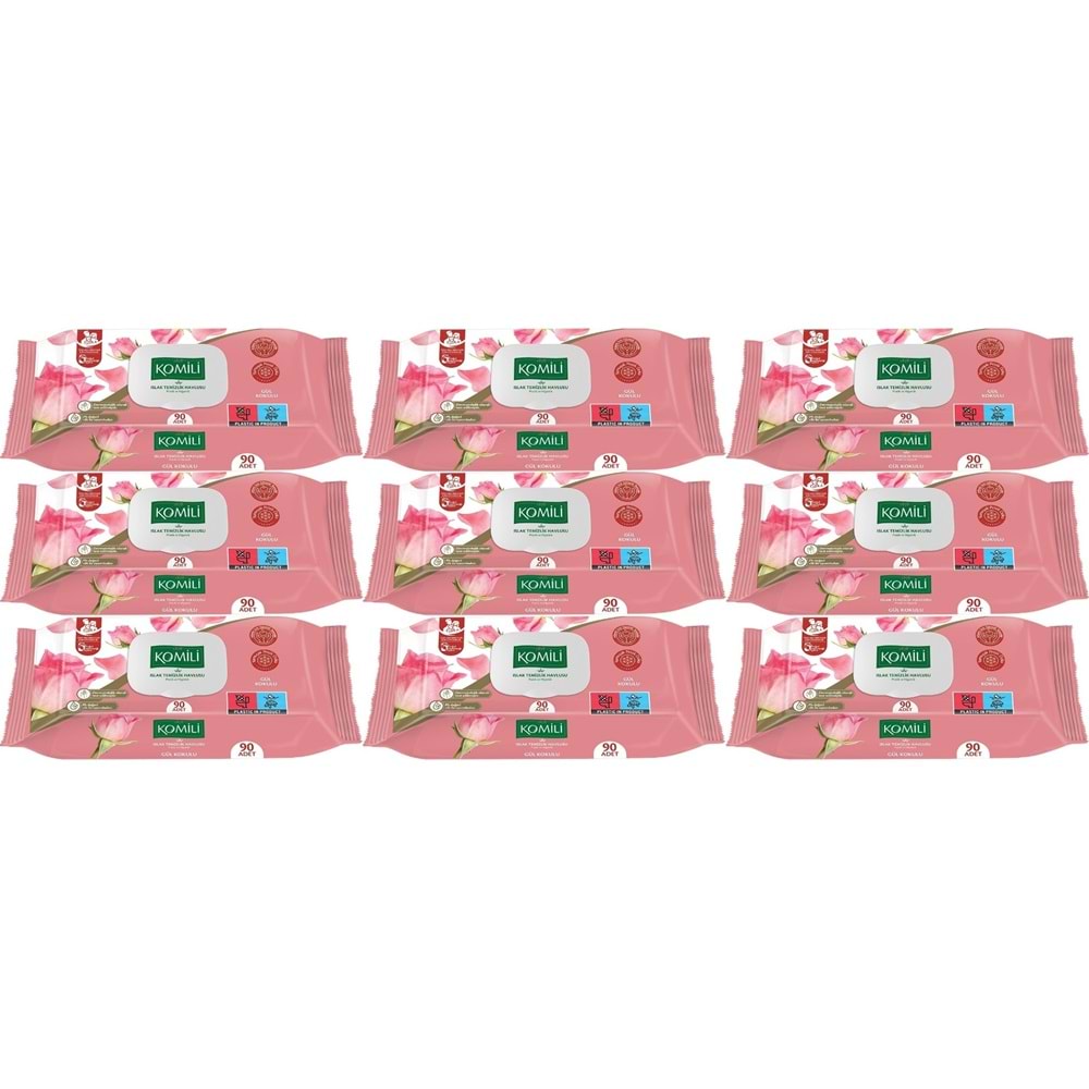 Komili Islak Havlu Mendil 90 Yaprak Gül Kokulu (9 Lu Set) Pratik Kapaklı (810 Yaprak)