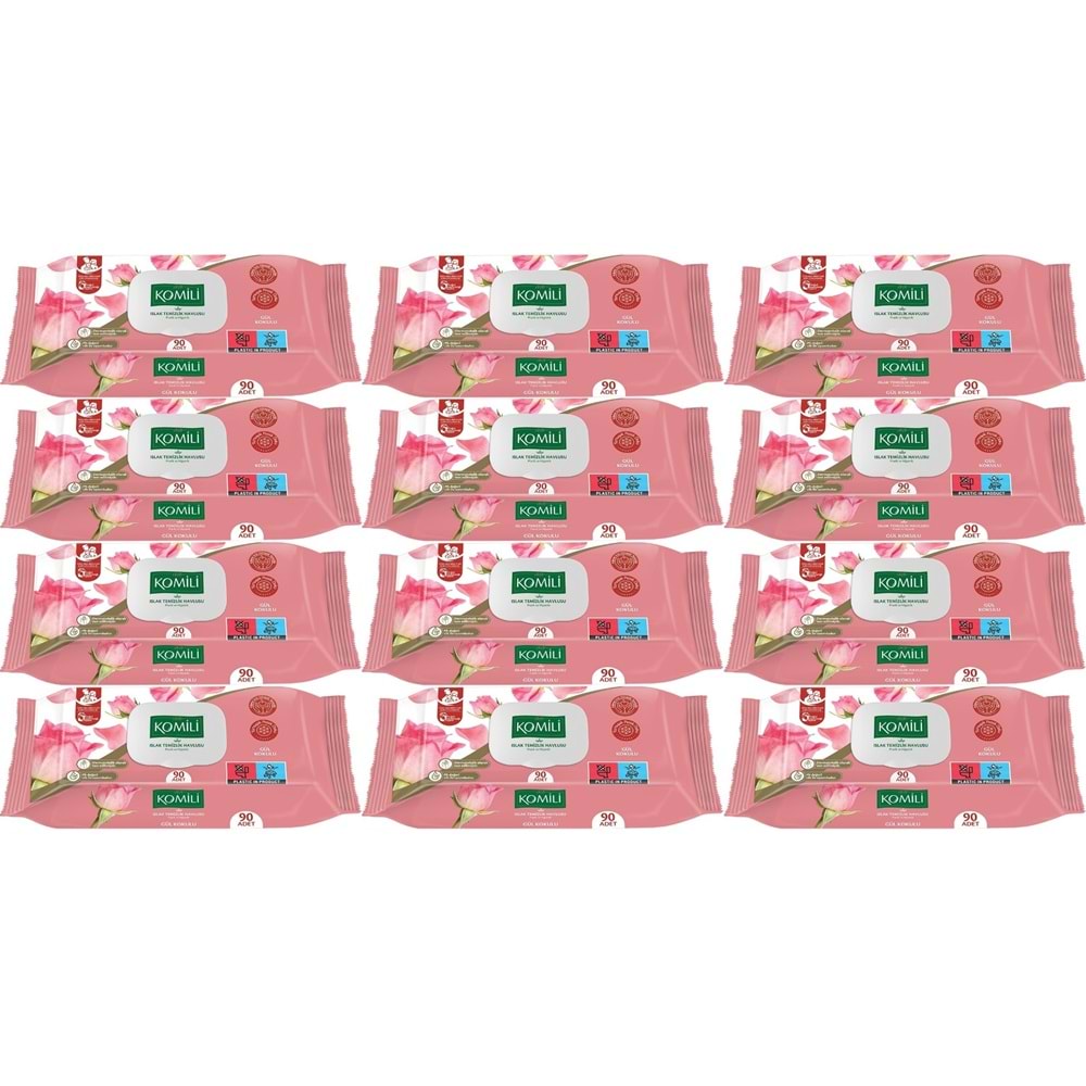 Komili Islak Havlu Mendil 90 Yaprak Gül Kokulu (12 Li Set) Pratik Kapaklı (1080 Yaprak)