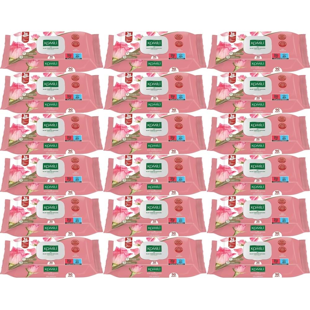 Komili Islak Havlu Mendil 90 Yaprak Gül Kokulu (18 Li Set) Pratik Kapaklı (1620 Yaprak)