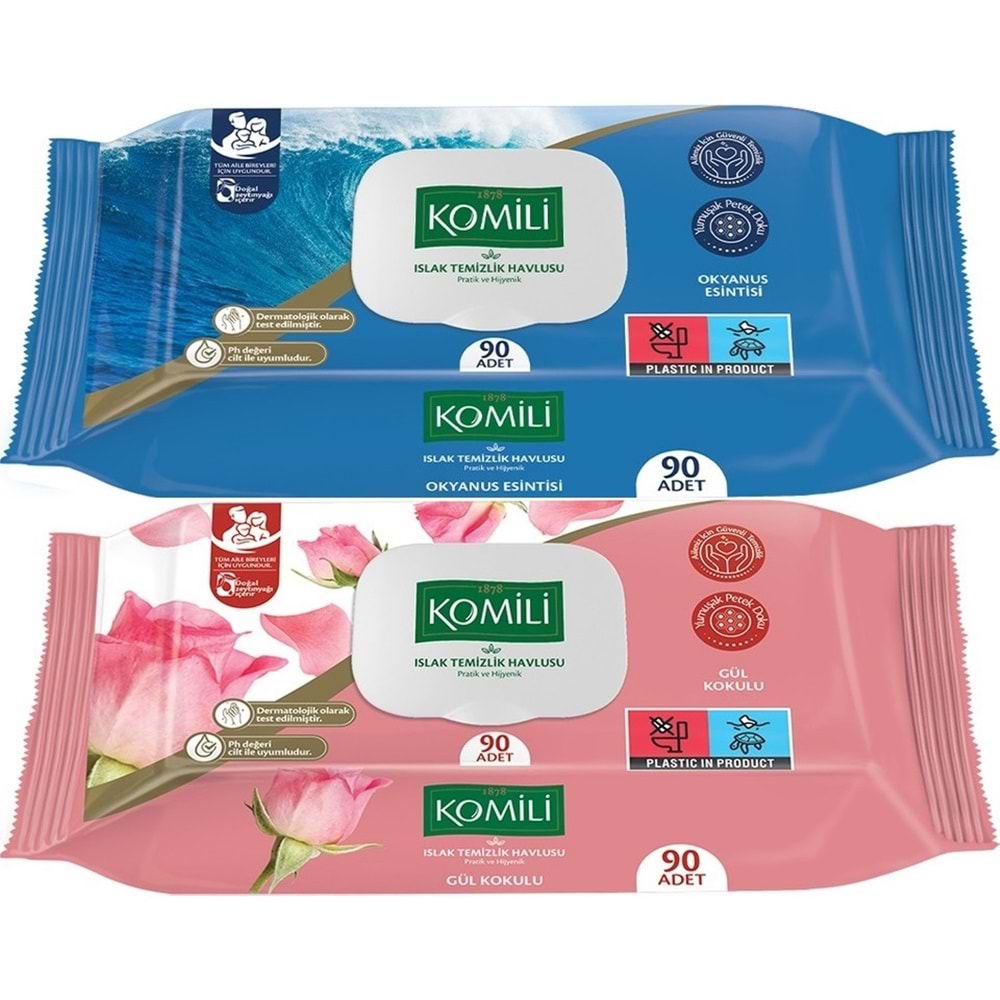 Komili Islak Havlu Mendil 90 Yaprak Karma 2 Li Set (Okyanus Esintisi-Gül Kokulu) 180 Yaprak