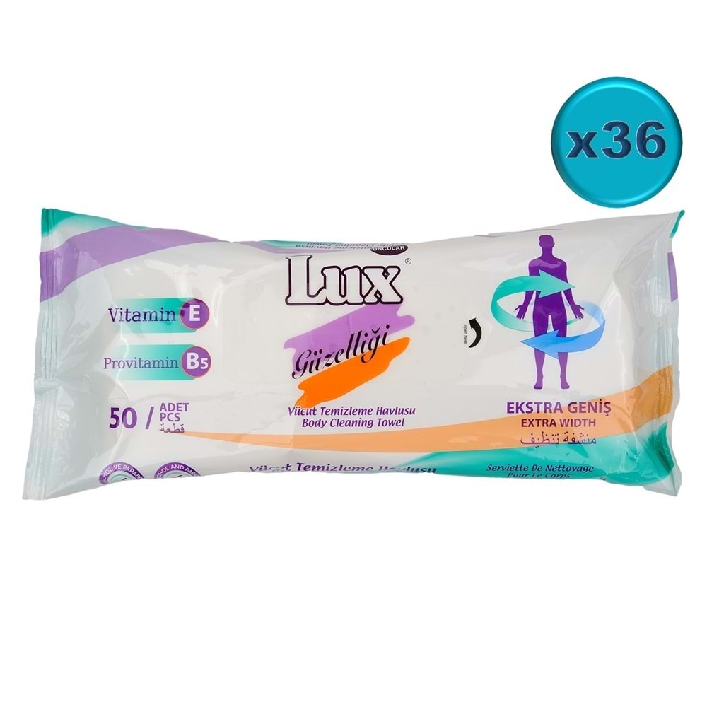 Lux Yetişkin Vücut Temizleme Islak Mendil Havlu 50 Yaprak XL (36 Lı Set)