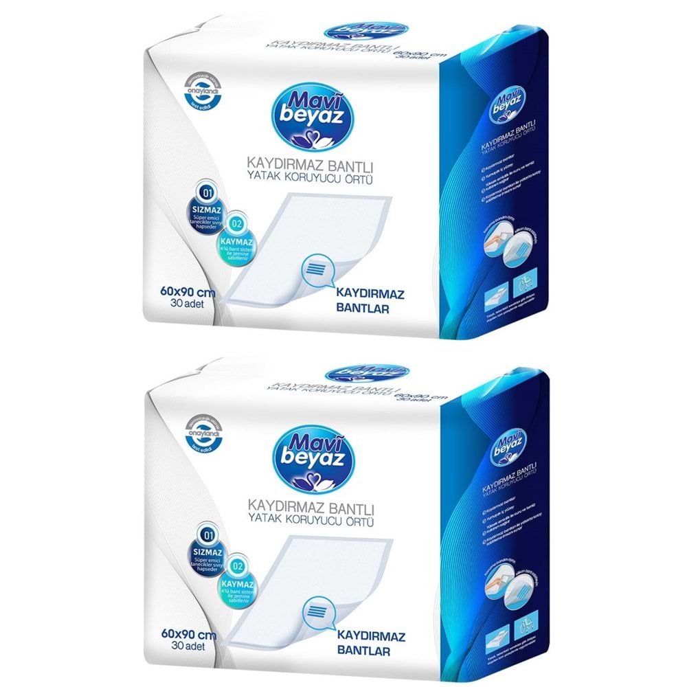 Mavi Beyaz Yetişkin Alt Açma Yatak Koruyucu Örtü 60*90CM 60 Adet (2Pk*30) Kaydırmaz Bantlı